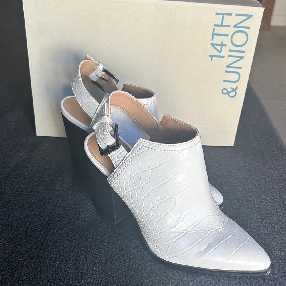 14th & Union White Croc-Embossed Mules